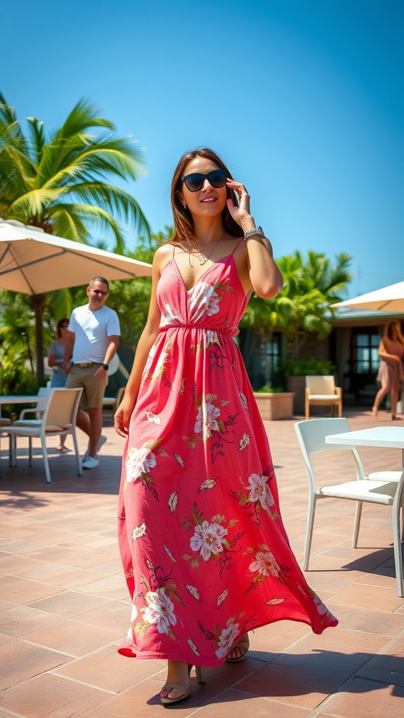 A woman wearing a pink floral maxi dress, walking in a sunny outdoor setting with palm trees in the background.