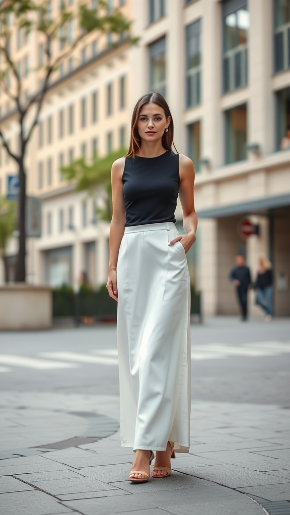 A woman wearing a black top and white silk maxi skirt walking on a city street.