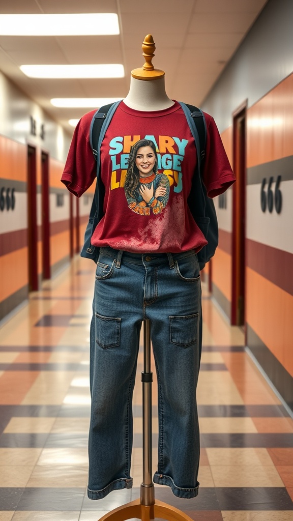 A mannequin dressed in a maroon graphic tee and wide-leg denim jeans, with a backpack, displayed in a school hallway.