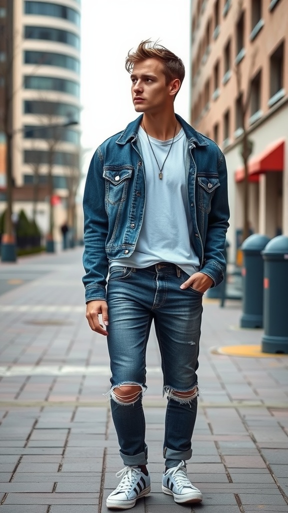 A young man in a denim jacket and ripped jeans, standing in a city street.