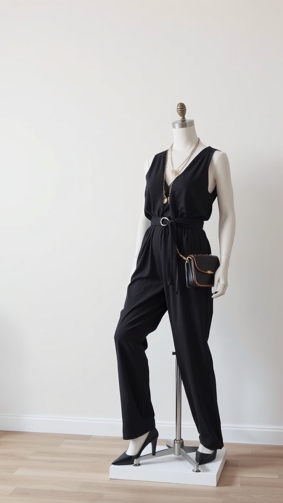 A stylish black jumpsuit worn by a mannequin, featuring a cinched waist, paired with high heels and accessorized with gold jewelry.