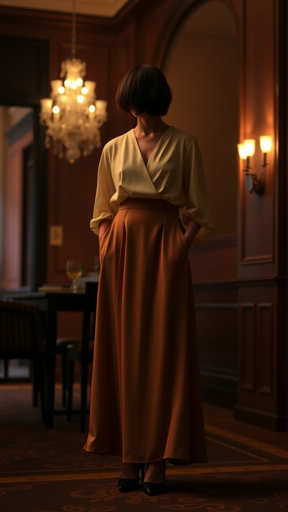 Model wearing a yellow top and a long orange skirt in an elegant indoor setting with chandeliers.