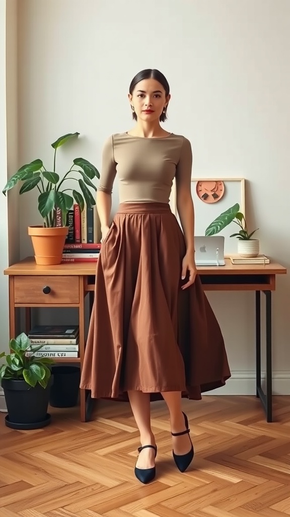 A model wearing a fitted top and a brown midi skirt, standing in a stylish indoor setting with plants and a wooden desk.