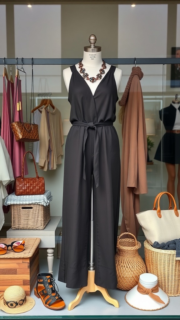 A stylish black jumpsuit displayed on a mannequin with accessories including a necklace, sandals, and handbags.