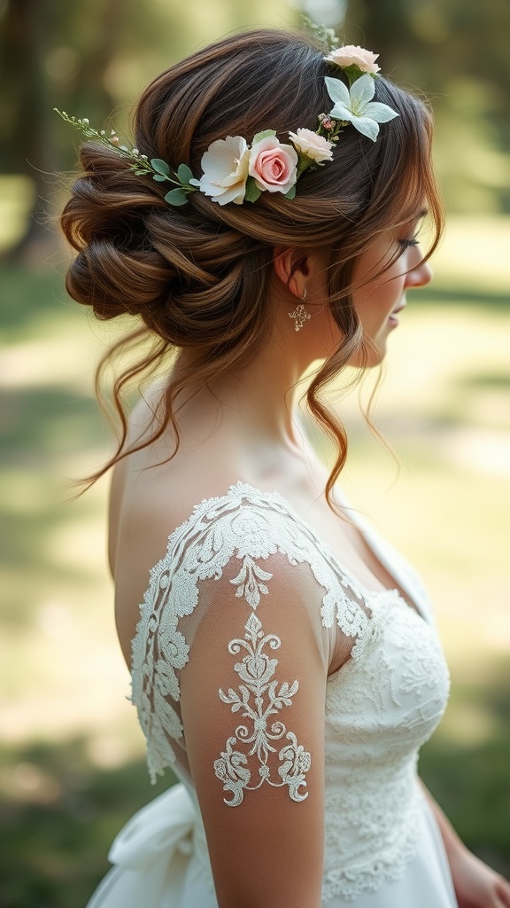 Bride with loose waves hairstyle and floral accents