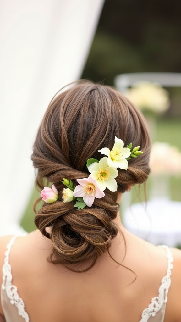 A woman with a low bun hairstyle adorned with floral accents.