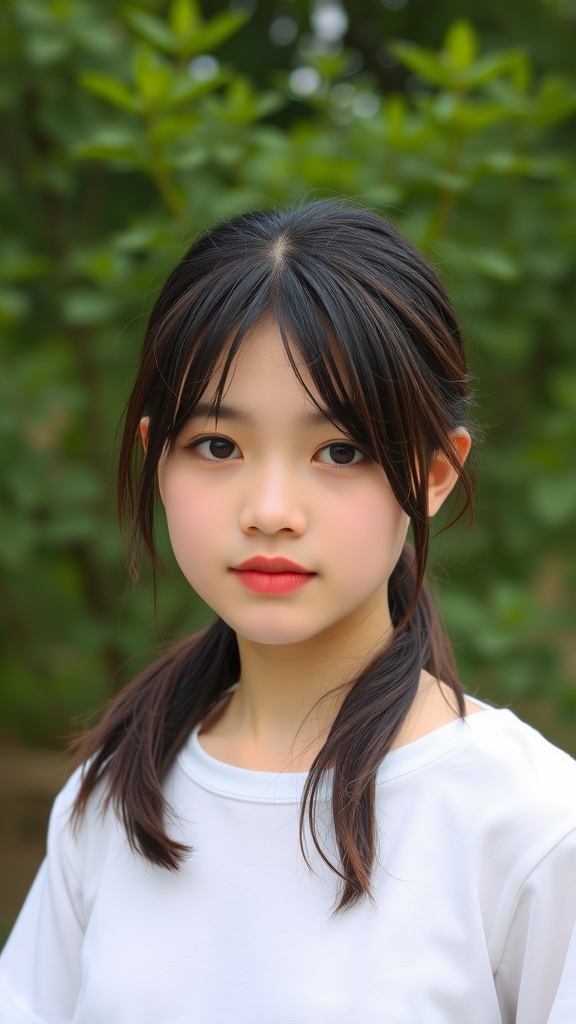 A young girl with a low ponytail and face-framing strands, against a green backdrop.