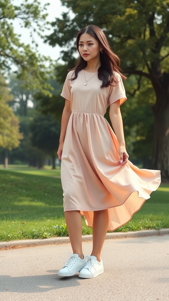 A young woman wearing a light peach midi dress with white sneakers, walking in a park.