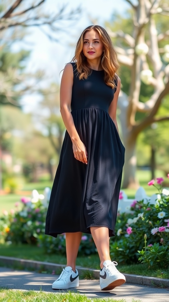 A woman in a black midi dress and white sneakers standing in a park surrounded by flowers.
