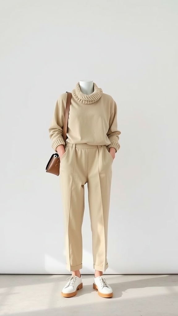 A mannequin dressed in a beige oversized sweater and tailored beige pants, paired with white shoes and a brown bag.