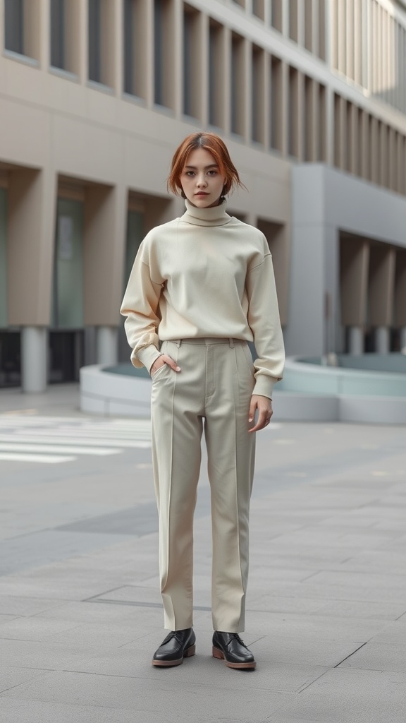 A woman in a beige turtleneck and trousers standing on a city street.