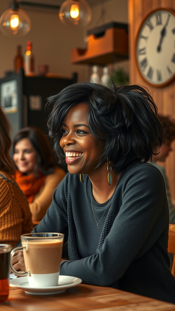A woman with a shaggy bob hairstyle, smiling while sitting at a café with a cup of coffee.