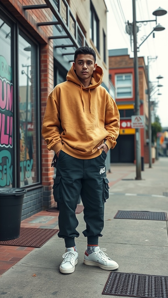 A young man in a mustard hoodie and dark cargo pants stands confidently on a city street.