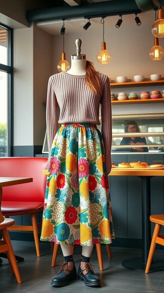 Mannequin wearing a striped sweater and a colorful floral midi skirt in a café setting.