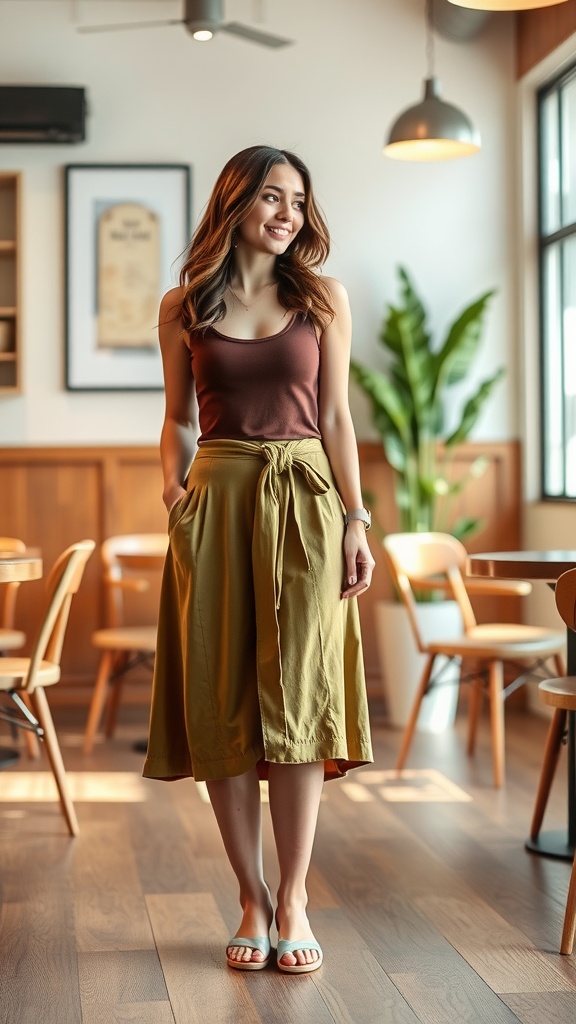A woman wearing an olive-green wrap skirt and a brown tank top, smiling in a cozy café setting.
