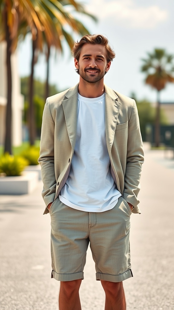 A man wearing a light linen blazer and shorts, smiling in a sunny outdoor setting with palm trees.