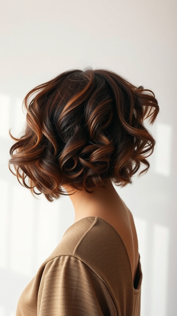 A woman with a short textured bob hairstyle featuring soft curls and rich hair tones.