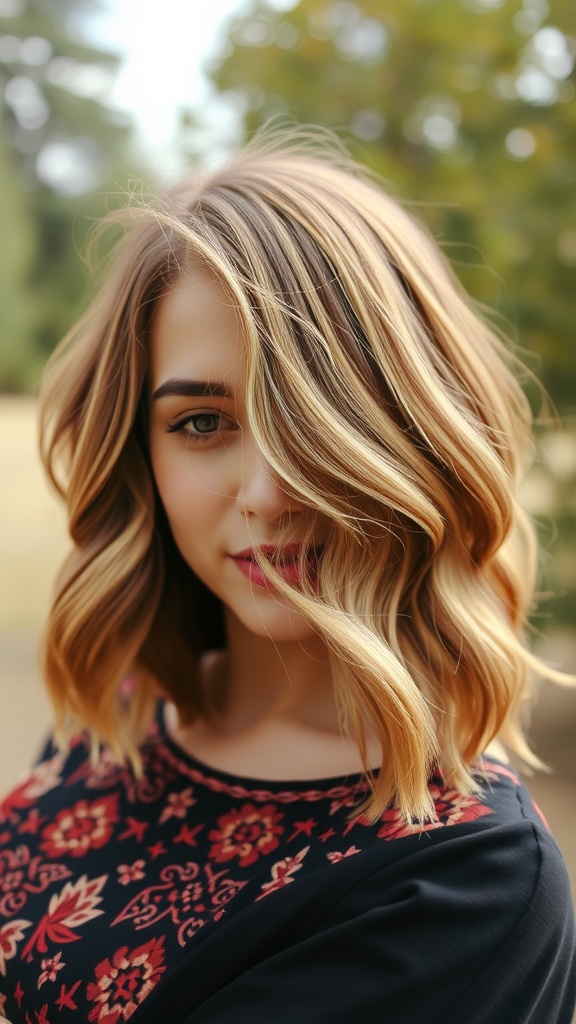A woman with a stylish boho bob hairstyle featuring effortless waves, framed by warm sunlight.