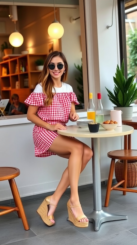 A woman sitting at a table in a café wearing red gingham shorts and a white top, with strappy wedge sandals and sunglasses.