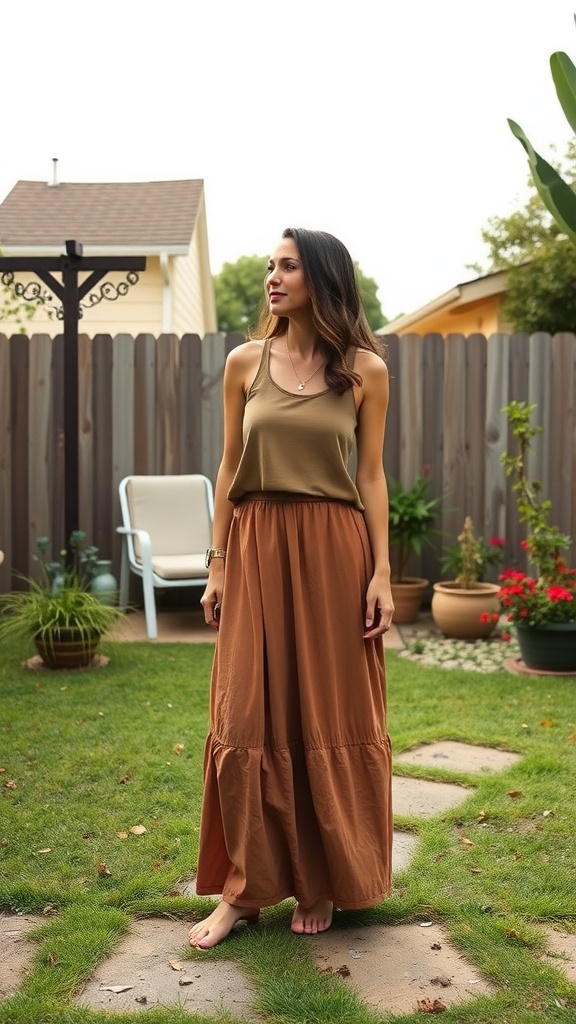 A woman wearing a brown maxi skirt and a olive tank top, standing in a backyard.