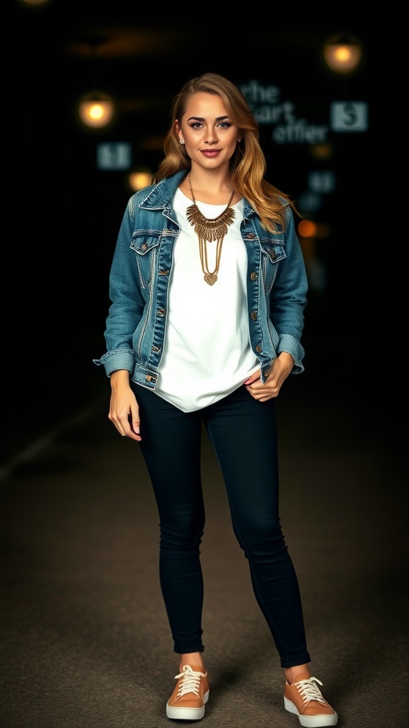 Woman wearing a denim jacket, white tee, black pants, and brown sneakers, posing in a casual style.