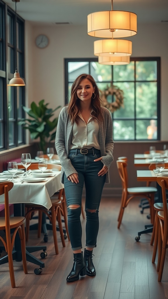 A woman in a cozy cardigan and fitted jeans stands in a trendy restaurant setting, smiling and ready for a casual dinner.
