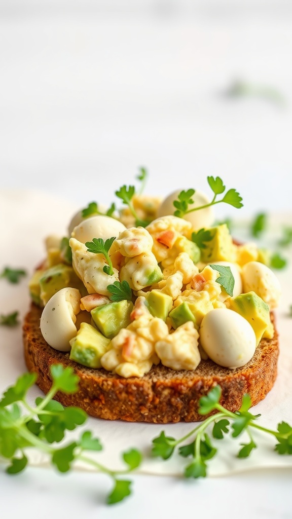 Egg salad sandwich with avocado on whole-grain bread.