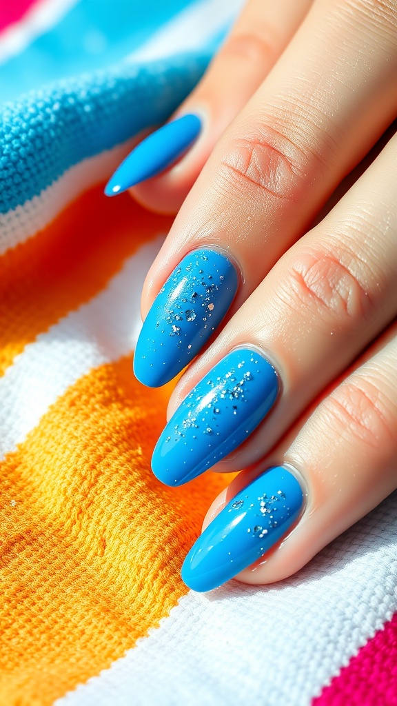 Electric blue almond nails with glitter on a striped beach towel