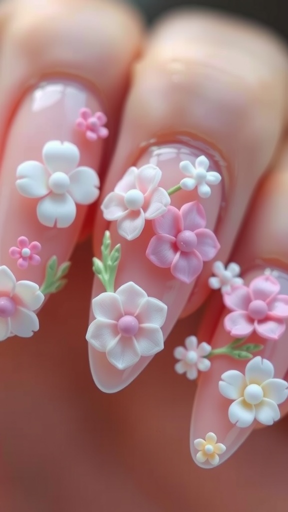 Close-up of almond nails with 3D floral designs in pink and white.