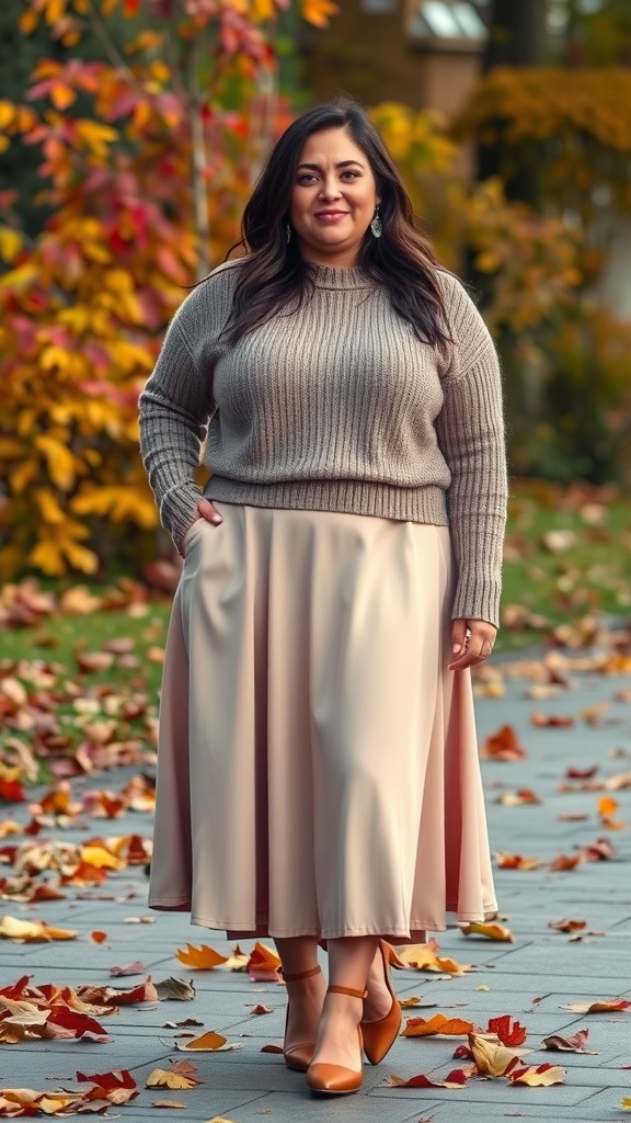 A woman wearing a cozy sweater and an A-line skirt, walking on a path surrounded by autumn leaves.