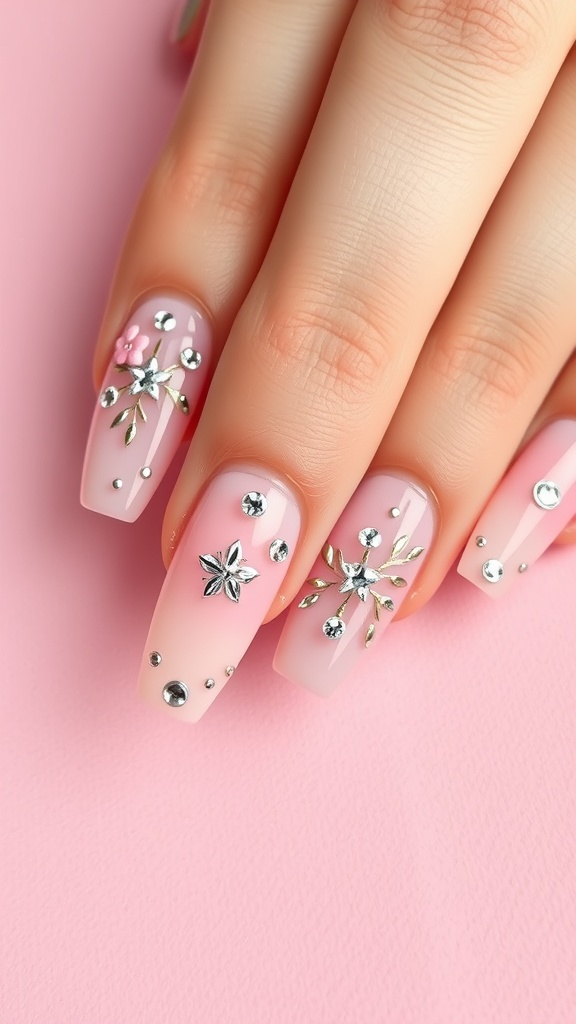 Elegant almond-shaped nails with floral designs and rhinestones.