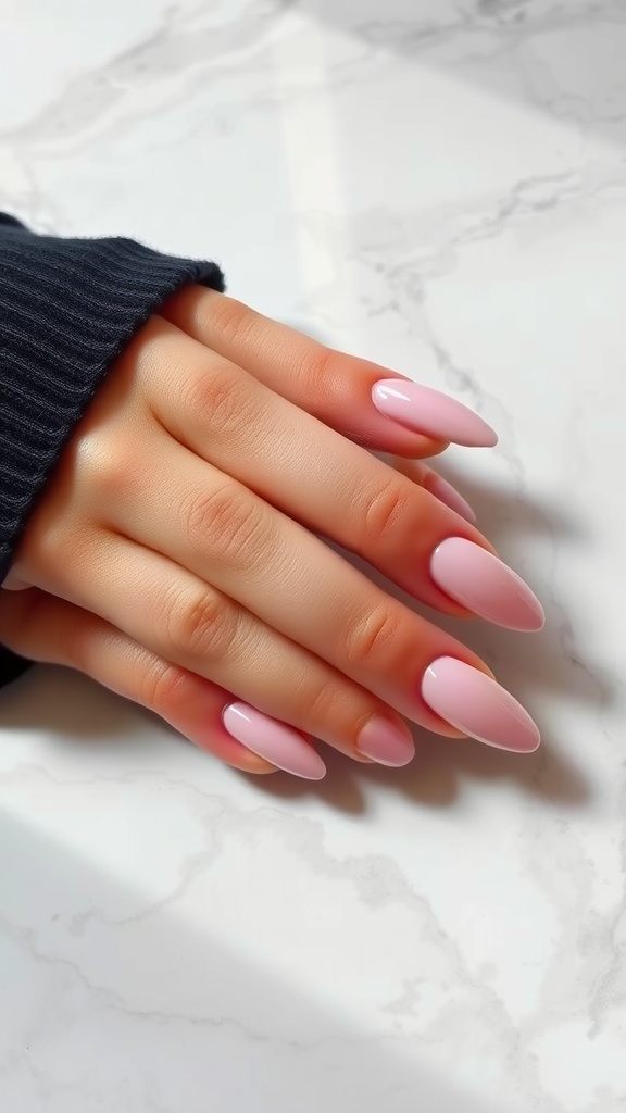 A close-up of a hand with light pink chrome almond nails resting on a marble surface.