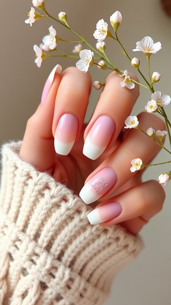 Close-up of hands with baby pink ombre nails and white tips, holding delicate white flowers.