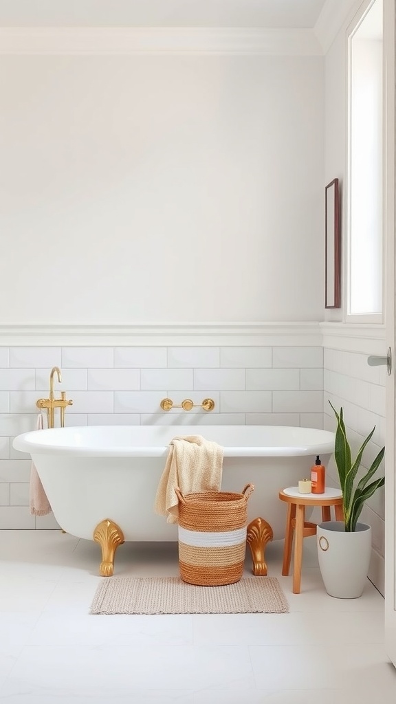 A stylish bathroom featuring a white bathtub with gold fixtures, a woven basket, a wooden stool, and a plant, showcasing a clean aesthetic.