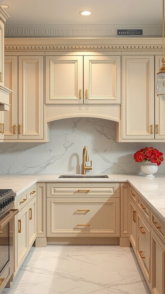 A kitchen featuring elegant beige cabinets and gold hardware, complemented by a marble countertop and a vase of red roses.