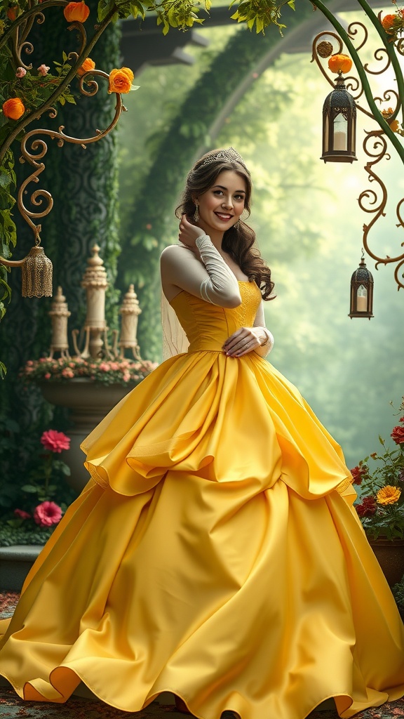 A woman in a vibrant yellow ballgown inspired by Belle from Disney, standing in a beautiful garden setting.