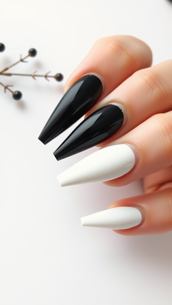 Elegant black and white coffin nails with a glossy finish.