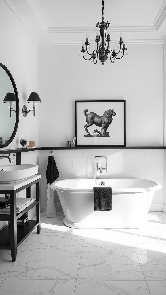 A stylish black and white bathroom with a freestanding bathtub, chandelier, and dog artwork