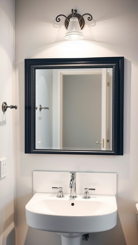 A bathroom featuring a black framed mirror, modern sink, and stylish lighting.