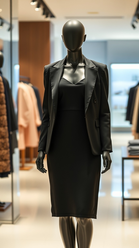 A mannequin displaying a black shift dress with a matching blazer in a retail setting.