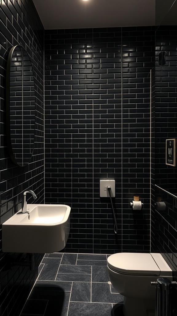 A modern bathroom featuring glossy black tiles on the walls and floor, with a white sink, toilet, and round mirror.