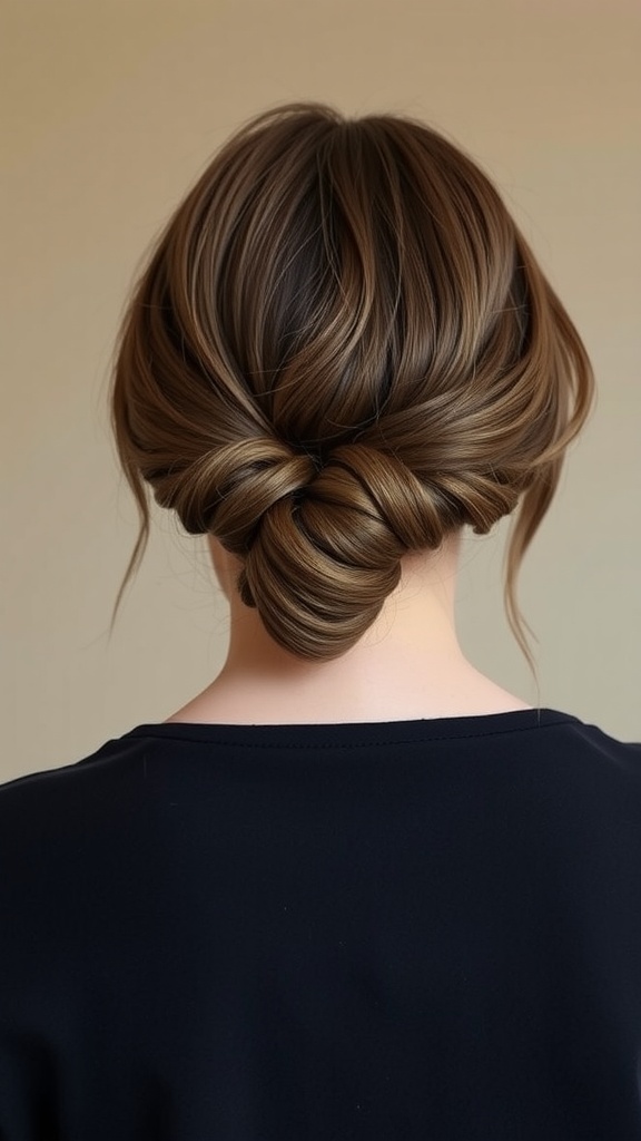 A woman with a low braided bun hairstyle paired with a bob cut.