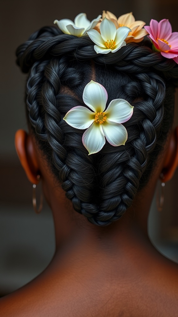 Braided hairstyle with flowers on top