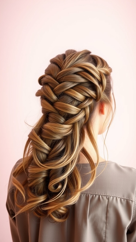 A beautiful braided half updo hairstyle featuring loose waves and an intricate braid.