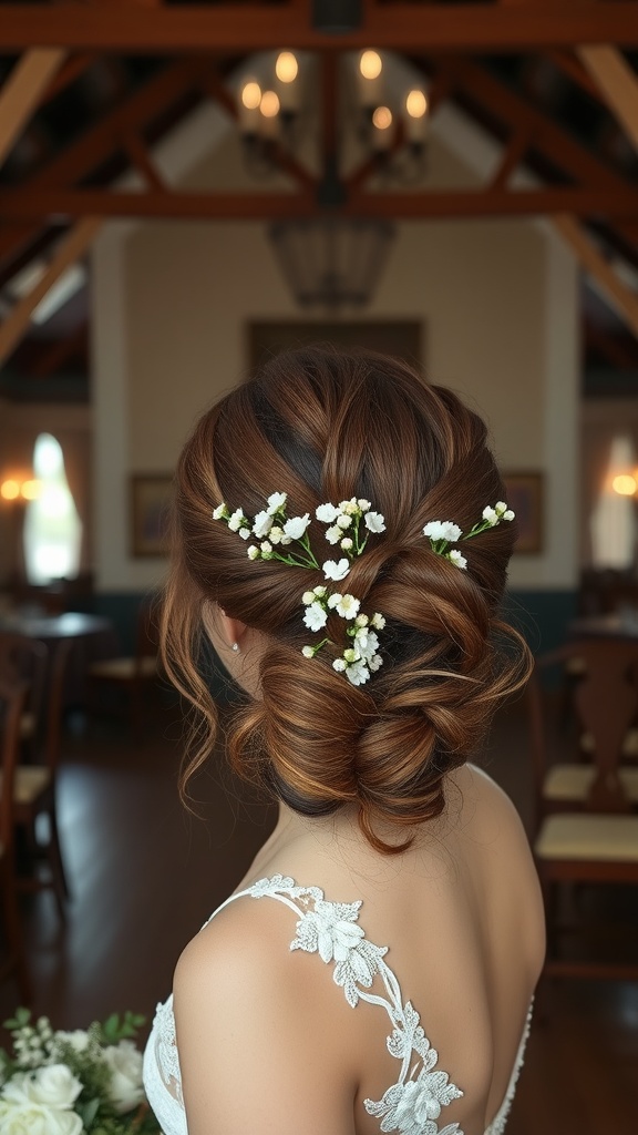 A bride with a braided updo adorned with white flowers, set in a rustic venue.