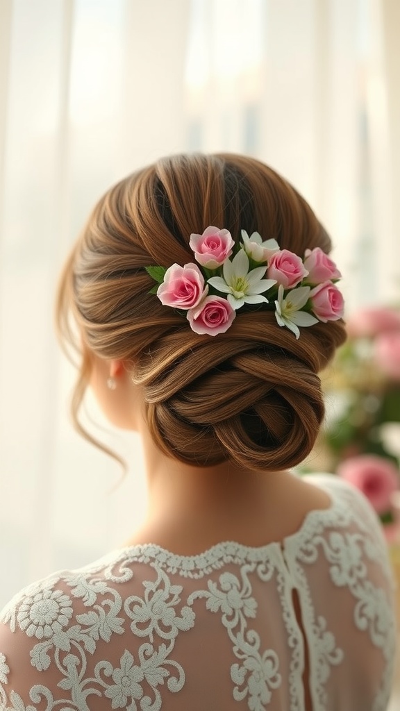 Elegant chignon hairstyle adorned with flowers in soft pink and white