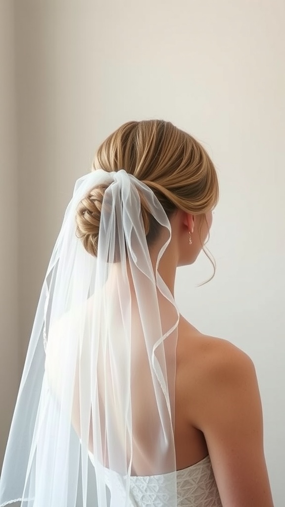 A bride with a chignon hairstyle and a veil, showcasing a classic wedding look.