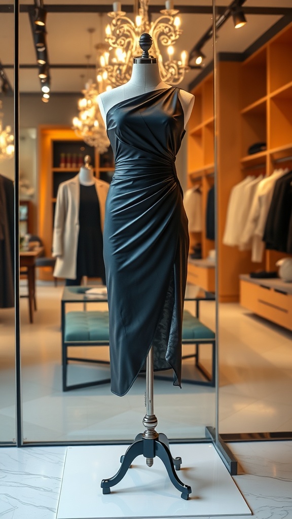 A stylish one-shoulder black cocktail dress displayed on a mannequin in a boutique setting.