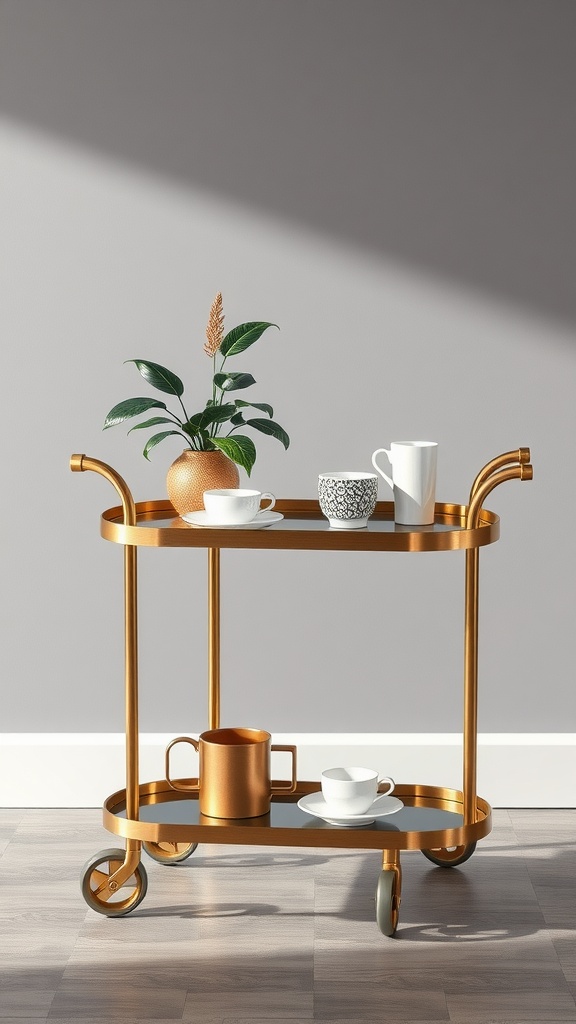 A stylish coffee cart with metallic finishes, featuring cups and a plant on top, and a coffee pot on the bottom.