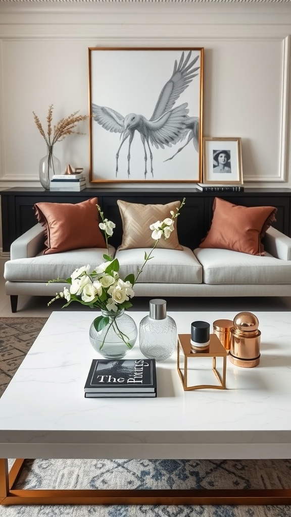 A luxury living room featuring a stylish marble coffee table with gold legs, decorative items, and a flower arrangement.
